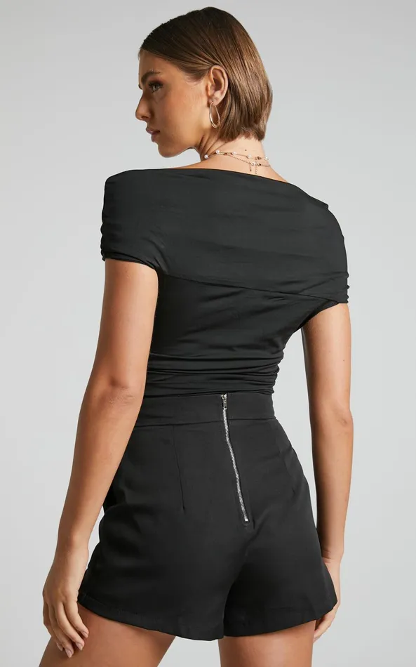 Showpo Greita Bodysuit 8211 Twist Front Off Shoulder Bodysuit In Black Women Tops