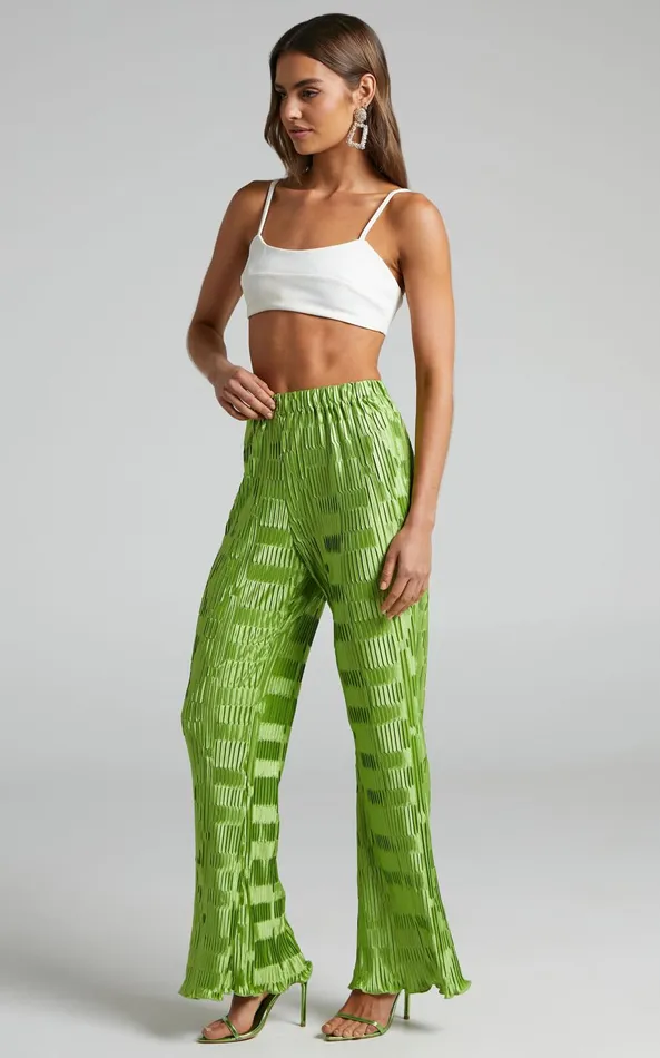 Showpo Greta Geometric 8211 Mid Waisted Plisse Flared Pants In Green Women Pants