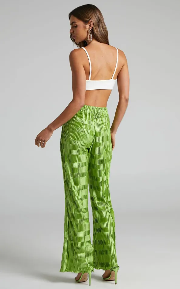Showpo Greta Geometric 8211 Mid Waisted Plisse Flared Pants In Green Women Pants