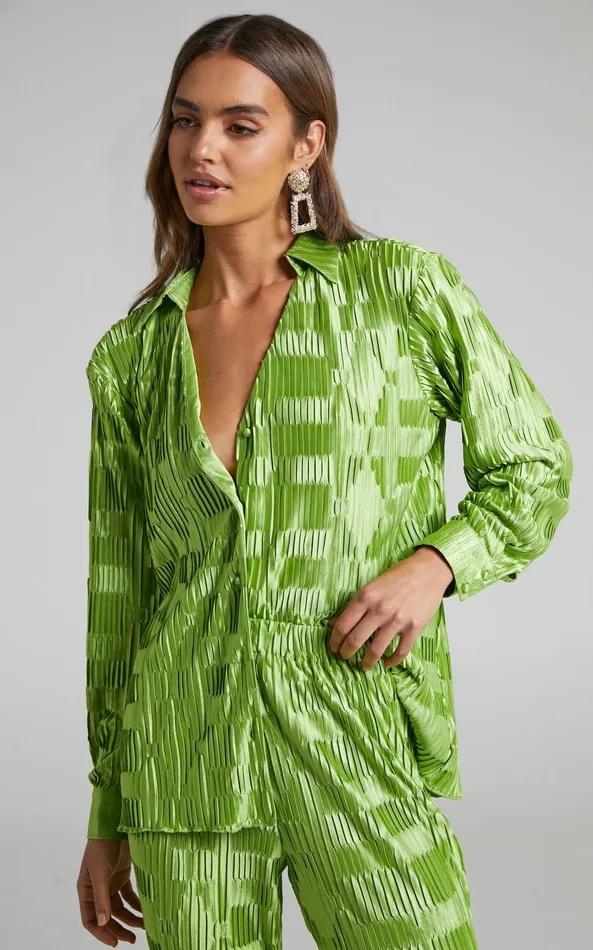 Showpo Greta Shirt 8211 Geometric Plisse Button Up Shirt In Green Women Tops