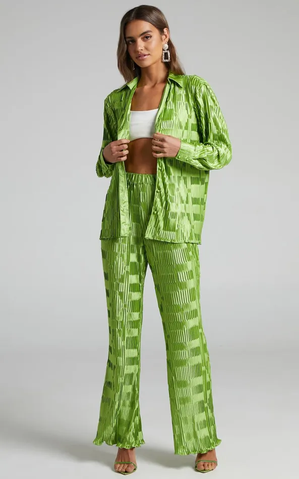 Showpo Greta Shirt 8211 Geometric Plisse Button Up Shirt In Green Women Tops