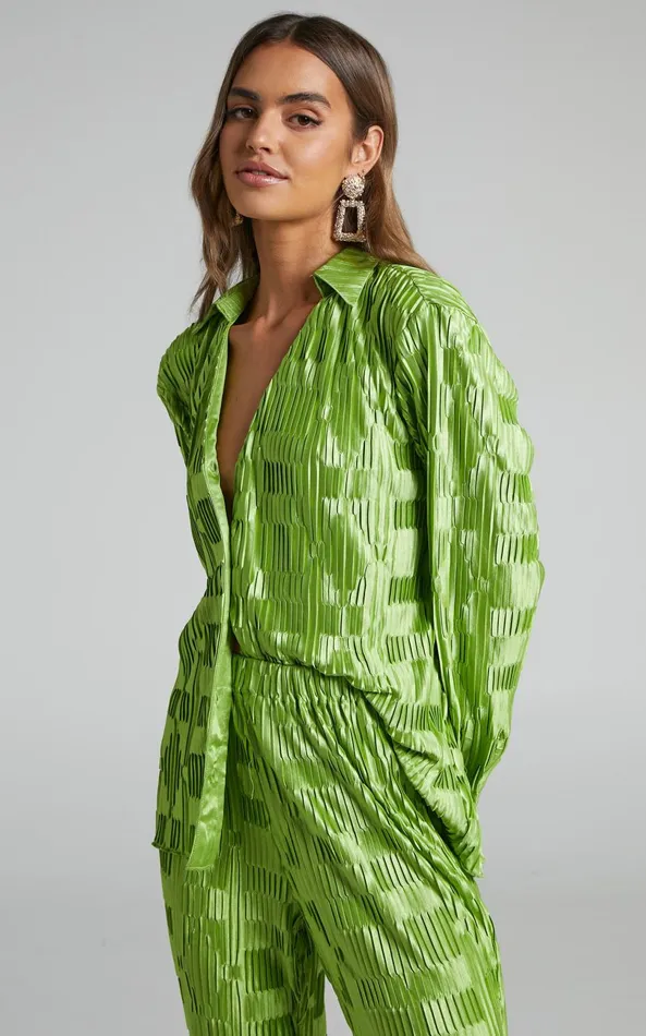 Showpo Greta Shirt 8211 Geometric Plisse Button Up Shirt In Green Women Tops