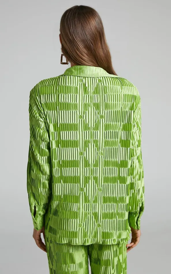 Showpo Greta Shirt 8211 Geometric Plisse Button Up Shirt In Green Women Tops