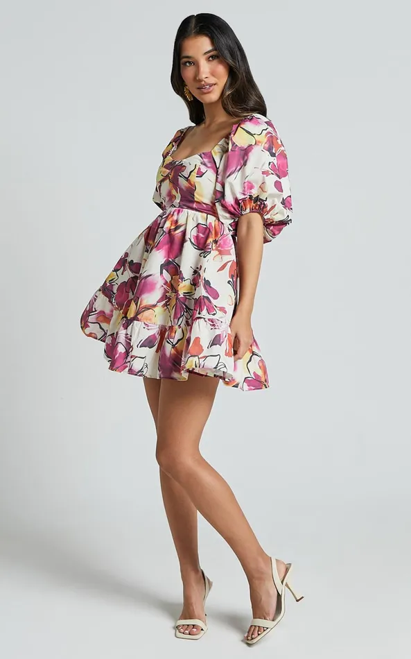 Showpo Gretchen Mini Dress 8211 Puff Sleeve Babydoll Dress In Dahlia Dusk Floral Women Dresses