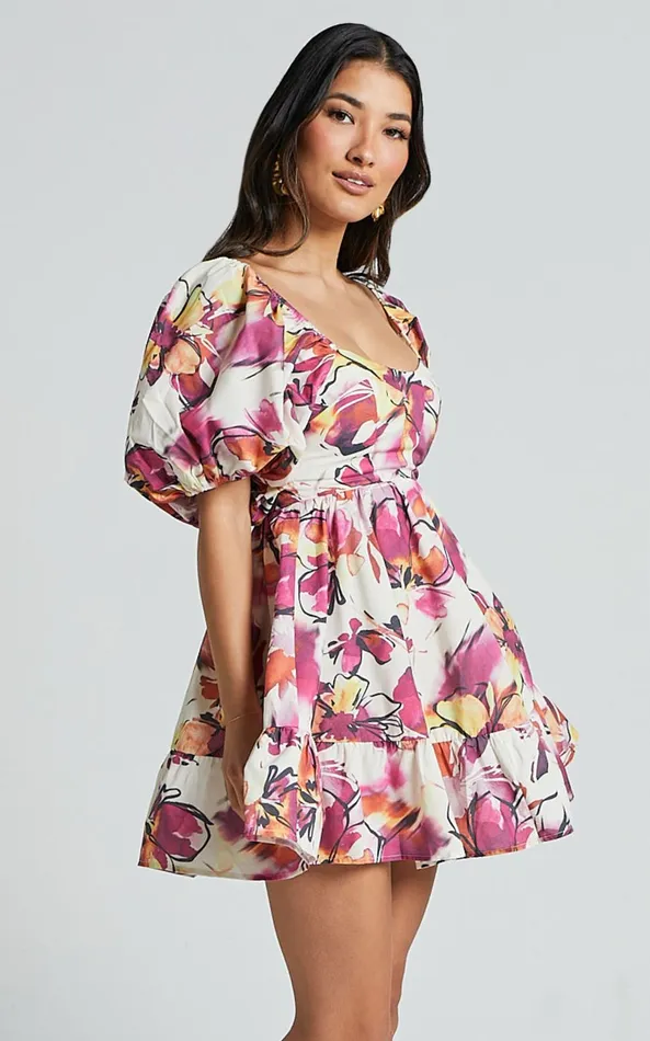 Showpo Gretchen Mini Dress 8211 Puff Sleeve Babydoll Dress In Dahlia Dusk Floral Women Dresses