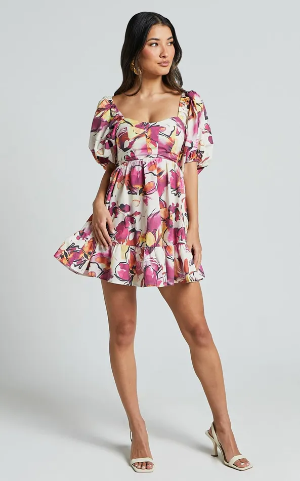 Showpo Gretchen Mini Dress 8211 Puff Sleeve Babydoll Dress In Dahlia Dusk Floral Women Dresses