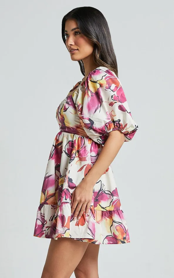 Showpo Gretchen Mini Dress 8211 Puff Sleeve Babydoll Dress In Dahlia Dusk Floral Women Dresses