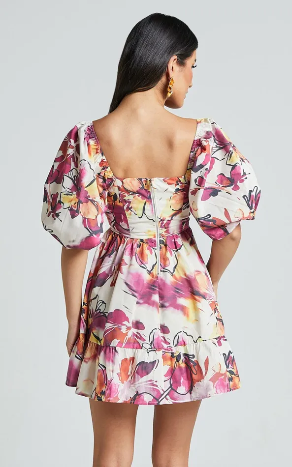 Showpo Gretchen Mini Dress 8211 Puff Sleeve Babydoll Dress In Dahlia Dusk Floral Women Dresses