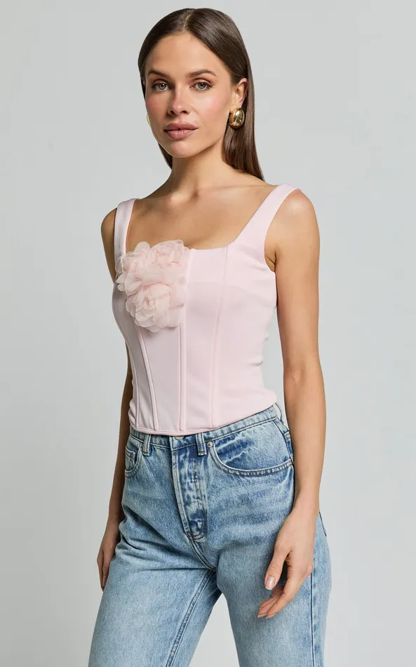 Showpo Grettel Top 8211 Rosette Detail Panelled Corset Top In Pale Pink Women Tops