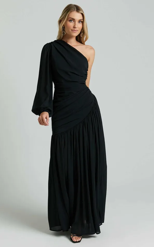 Showpo Grittah Midi Dress 8211 One Shoulder Bishop Sleeve High Split Ruched Dress In Black Women Curve Clothes Showpo Grittah Midi Dress 8211 One Shoulder Bishop Sleeve High Split Ruched Dress In Black Women Curve Clothes
