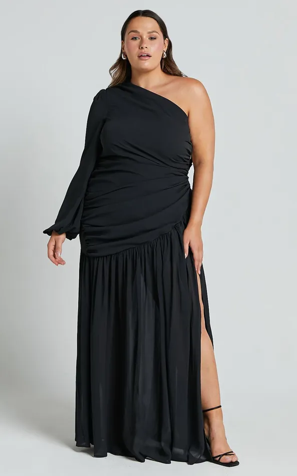 Showpo Grittah Midi Dress 8211 One Shoulder Bishop Sleeve High Split Ruched Dress In Black Women Curve Clothes