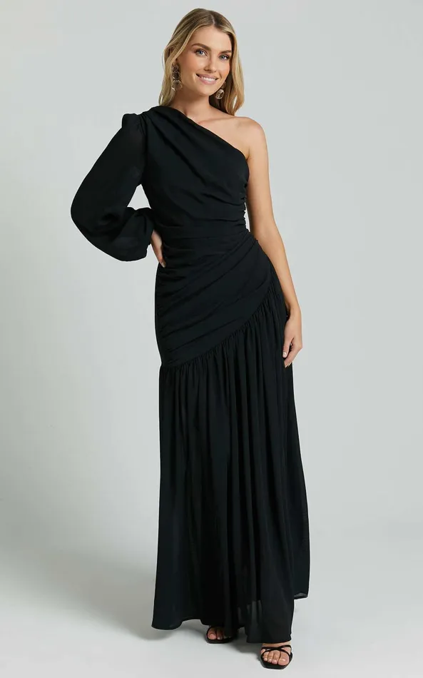 Showpo Grittah Midi Dress 8211 One Shoulder Bishop Sleeve High Split Ruched Dress In Black Women Curve Clothes