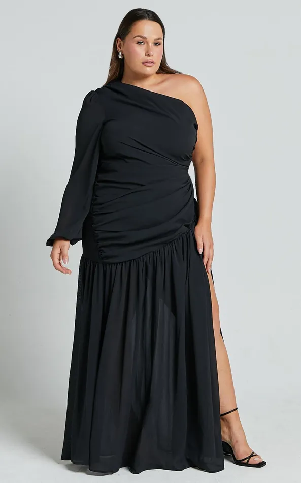 Showpo Grittah Midi Dress 8211 One Shoulder Bishop Sleeve High Split Ruched Dress In Black Women Curve Clothes