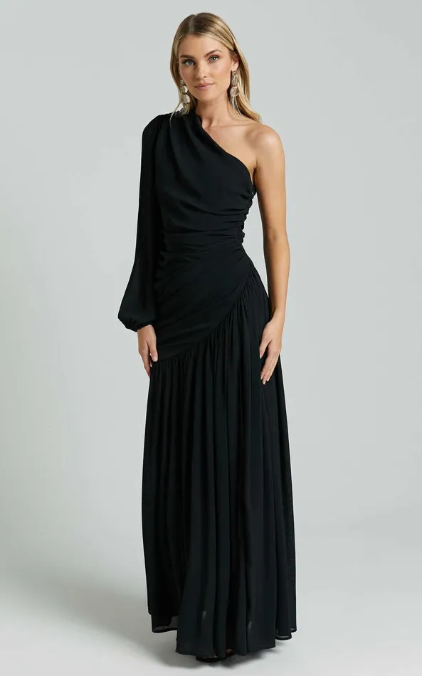 Showpo Grittah Midi Dress 8211 One Shoulder Bishop Sleeve High Split Ruched Dress In Black Women Curve Clothes