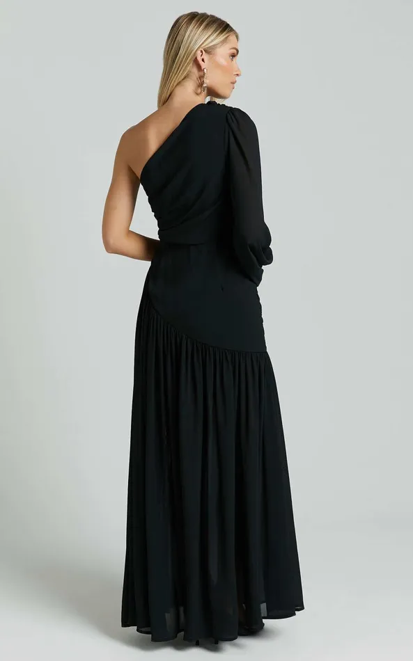 Showpo Grittah Midi Dress 8211 One Shoulder Bishop Sleeve High Split Ruched Dress In Black Women Curve Clothes