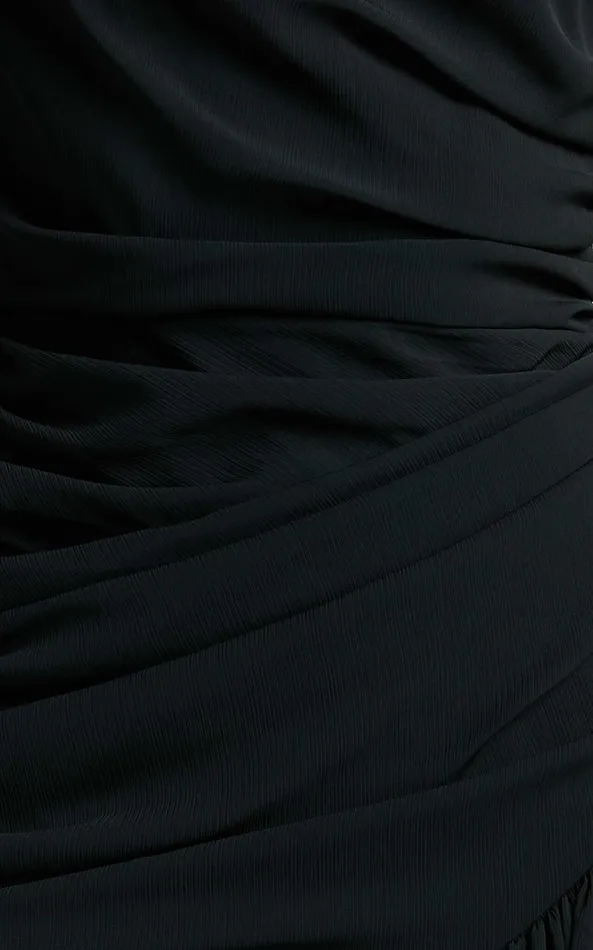 Showpo Grittah Midi Dress 8211 One Shoulder Bishop Sleeve High Split Ruched Dress In Black Women Curve Clothes