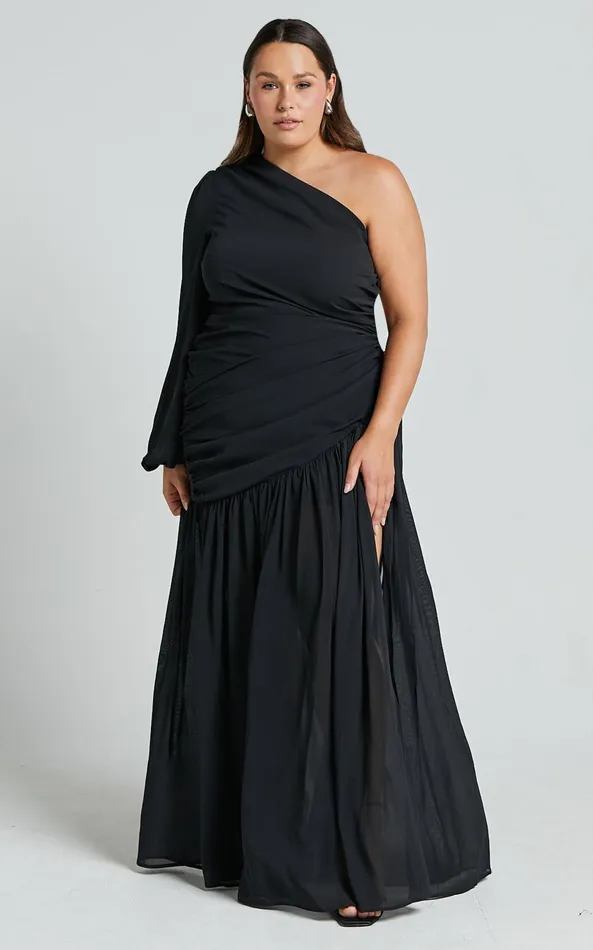 Showpo Grittah Midi Dress 8211 One Shoulder Bishop Sleeve High Split Ruched Dress In Black Women Curve Clothes