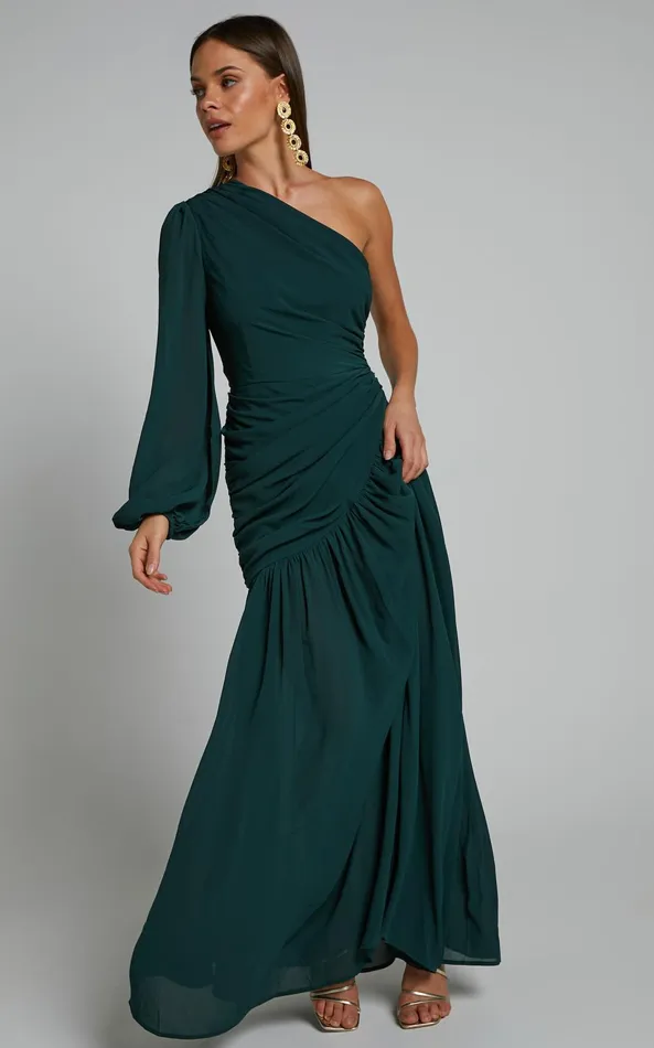 Showpo Grittah Midi Dress 8211 One Shoulder Bishop Sleeve High Split Ruched Dress In Emerald Women Curve Clothes Showpo Grittah Midi Dress 8211 One Shoulder Bishop Sleeve High Split Ruched Dress In Emerald Women Curve Clothes