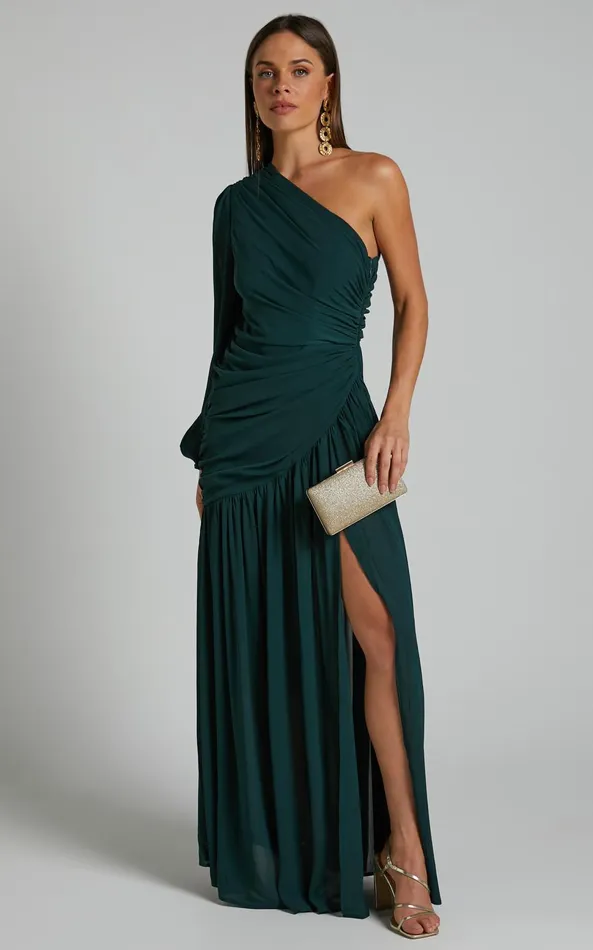 Showpo Grittah Midi Dress 8211 One Shoulder Bishop Sleeve High Split Ruched Dress In Emerald Women Curve Clothes