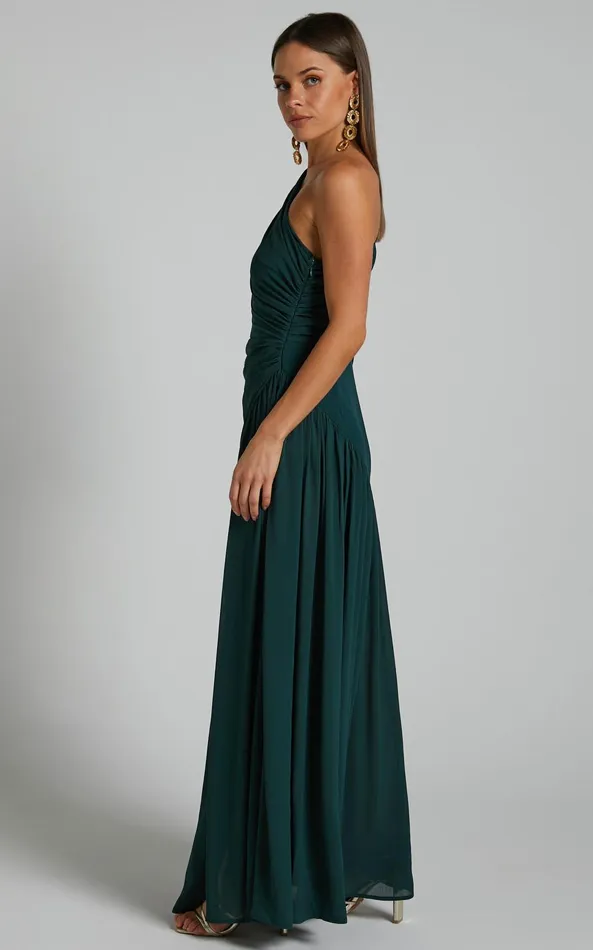 Showpo Grittah Midi Dress 8211 One Shoulder Bishop Sleeve High Split Ruched Dress In Emerald Women Curve Clothes