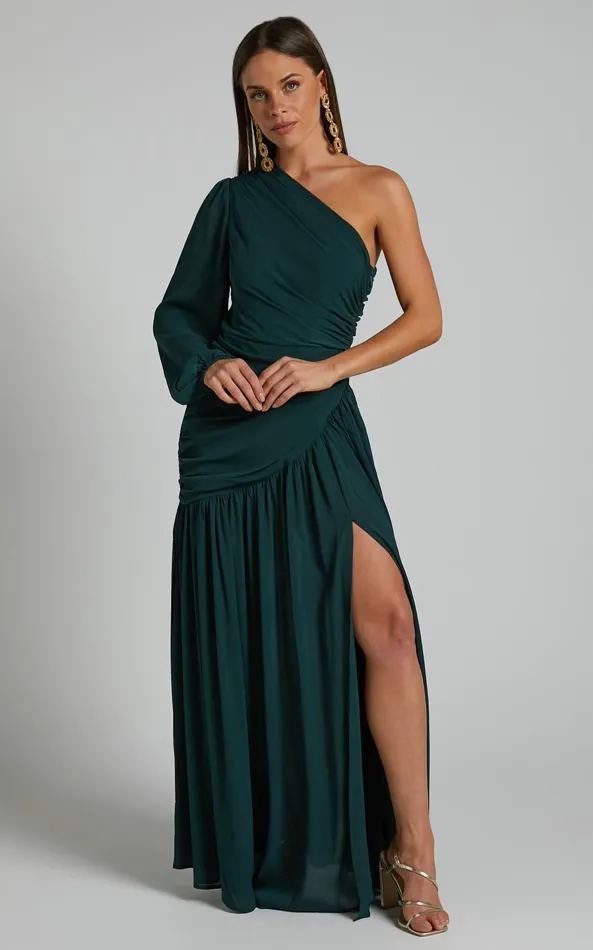 Showpo Grittah Midi Dress 8211 One Shoulder Bishop Sleeve High Split Ruched Dress In Emerald Women Curve Clothes