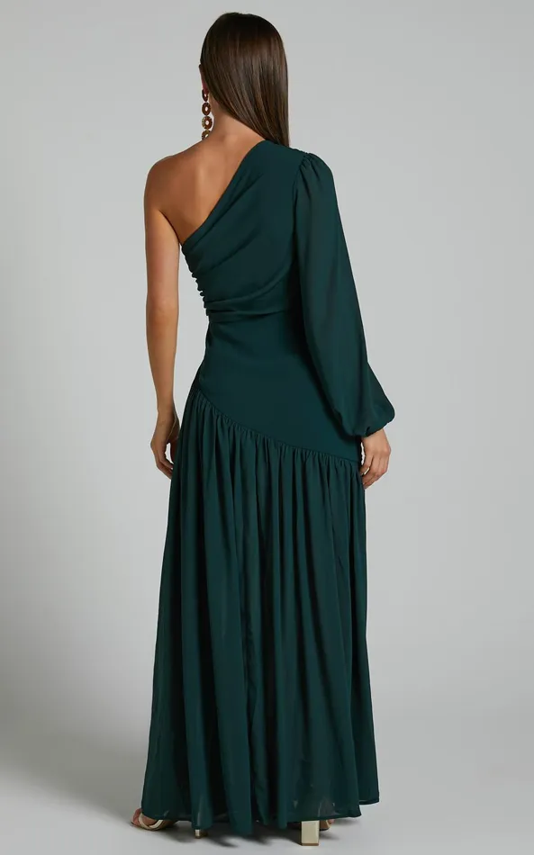 Showpo Grittah Midi Dress 8211 One Shoulder Bishop Sleeve High Split Ruched Dress In Emerald Women Curve Clothes
