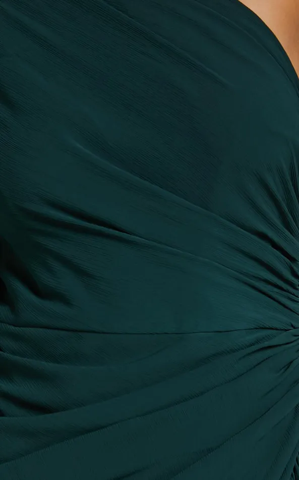 Showpo Grittah Midi Dress 8211 One Shoulder Bishop Sleeve High Split Ruched Dress In Emerald Women Curve Clothes