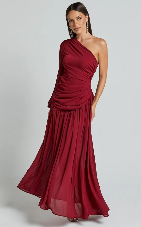 Showpo Grittah Midi Dress 8211 One Shoulder Bishop Sleeve High Split Ruched Dress In Wine Women Dresses Showpo Grittah Midi Dress 8211 One Shoulder Bishop Sleeve High Split Ruched Dress In Wine Women Dresses