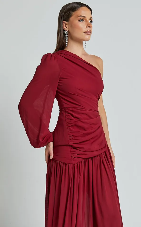 Showpo Grittah Midi Dress 8211 One Shoulder Bishop Sleeve High Split Ruched Dress In Wine Women Dresses