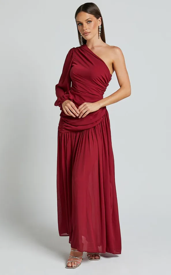 Showpo Grittah Midi Dress 8211 One Shoulder Bishop Sleeve High Split Ruched Dress In Wine Women Dresses