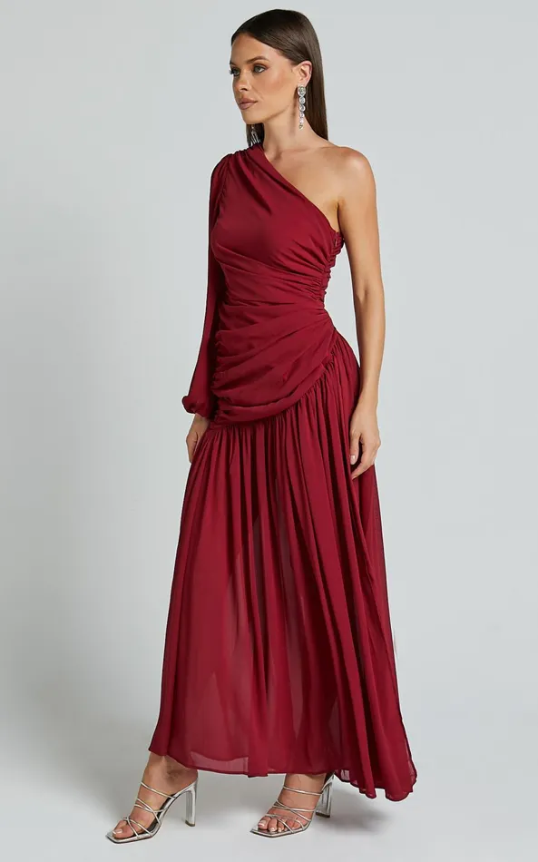 Showpo Grittah Midi Dress 8211 One Shoulder Bishop Sleeve High Split Ruched Dress In Wine Women Dresses