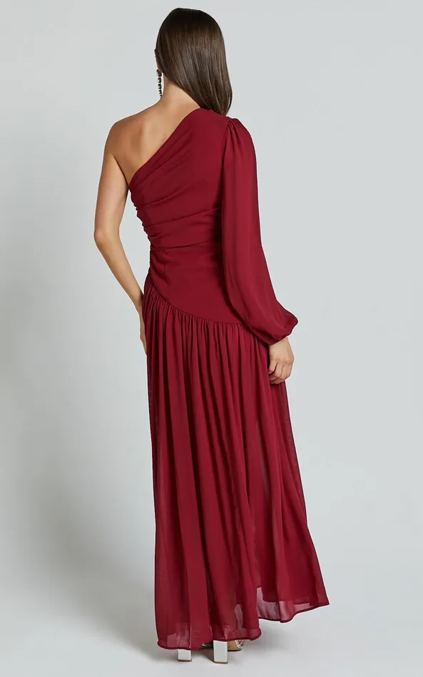 Showpo Grittah Midi Dress 8211 One Shoulder Bishop Sleeve High Split Ruched Dress In Wine Women Dresses