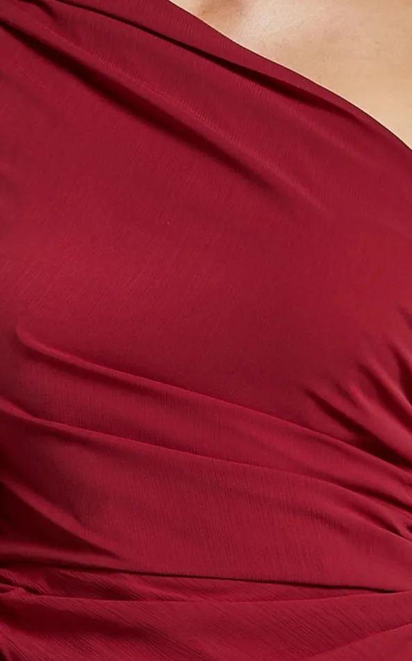 Showpo Grittah Midi Dress 8211 One Shoulder Bishop Sleeve High Split Ruched Dress In Wine Women Dresses