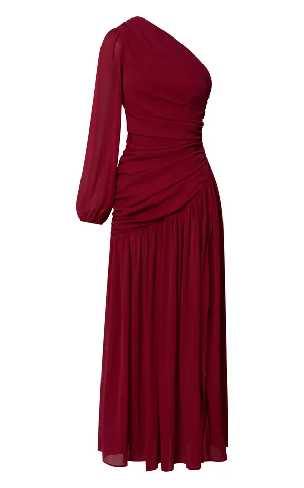 Showpo Grittah Midi Dress 8211 One Shoulder Bishop Sleeve High Split Ruched Dress In Wine Women Dresses