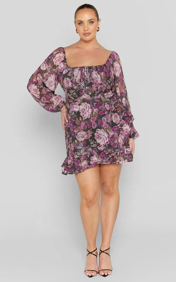 Showpo Grizela Mini Dress 8211 Gathered Bust Long Sleeve Dres In Harvest Floral Women Curve Clothes
