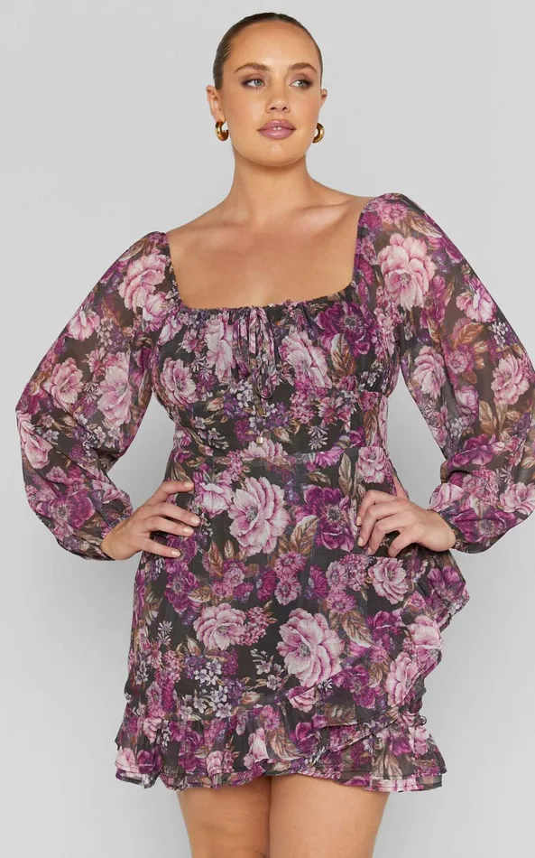 Showpo Grizela Mini Dress 8211 Gathered Bust Long Sleeve Dres In Harvest Floral Women Curve Clothes