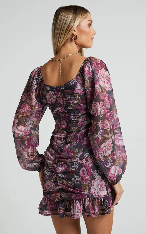 Showpo Grizela Mini Dress 8211 Gathered Bust Long Sleeve Dres In Harvest Floral Women Curve Clothes