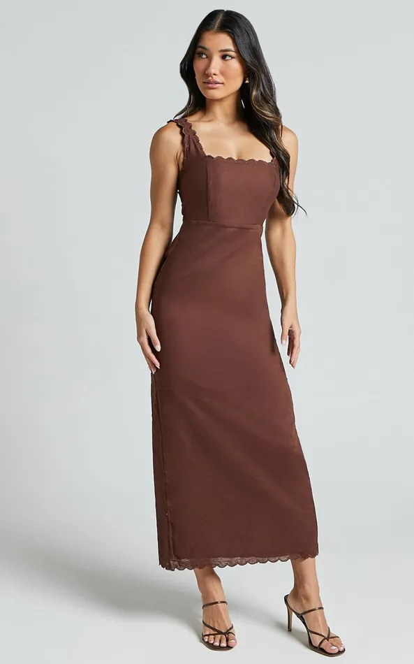 Showpo Gwyneth Midi Dress 8211 Wide Strap Neck Wavy Hem Slip Dress In Chocolate Women Dresses Showpo Gwyneth Midi Dress 8211 Wide Strap Neck Wavy Hem Slip Dress In Chocolate Women Dresses