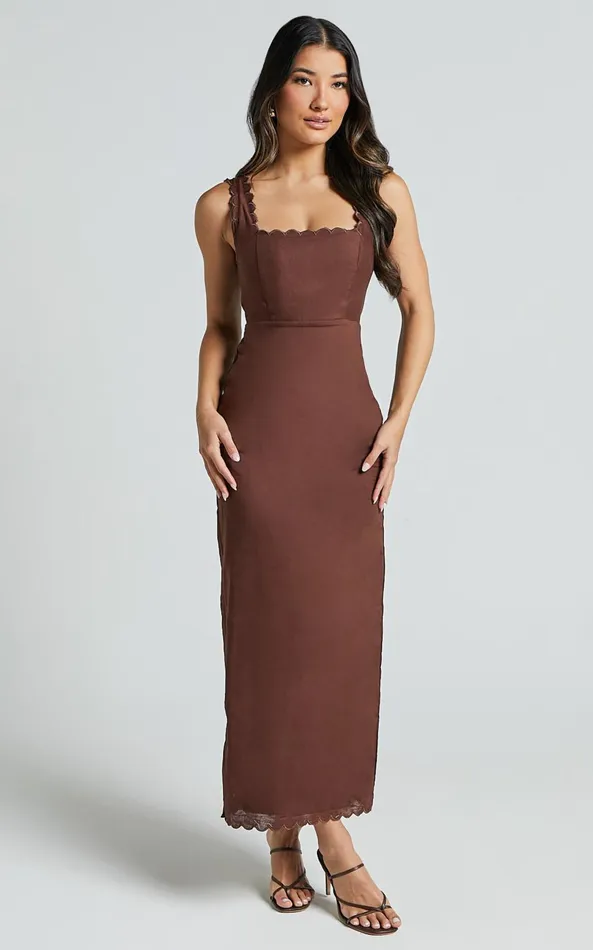 Showpo Gwyneth Midi Dress 8211 Wide Strap Neck Wavy Hem Slip Dress In Chocolate Women Dresses