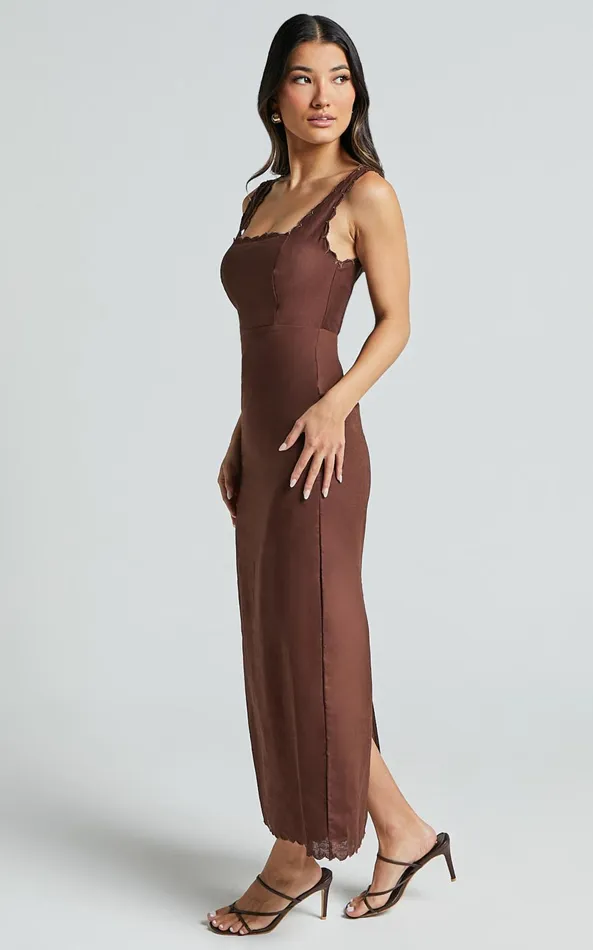 Showpo Gwyneth Midi Dress 8211 Wide Strap Neck Wavy Hem Slip Dress In Chocolate Women Dresses