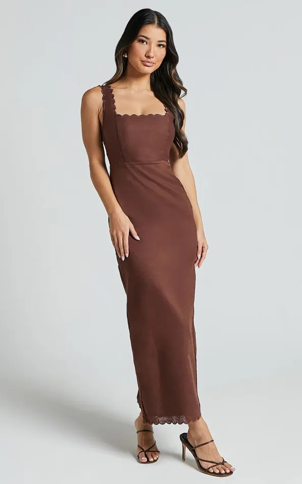 Showpo Gwyneth Midi Dress 8211 Wide Strap Neck Wavy Hem Slip Dress In Chocolate Women Dresses