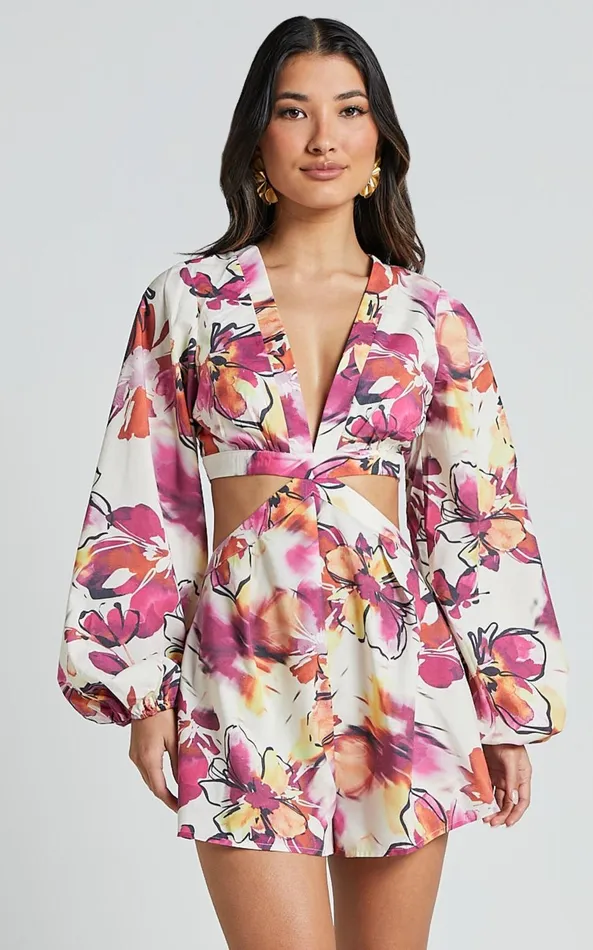 Showpo Gwyneth Playsuit 8211 Long Sleeve Cut Out Playsuit In DAHLIA DUSK FLORAL Women Rompers
