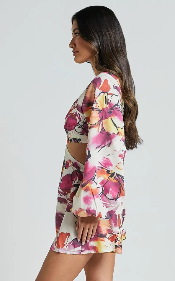 Showpo Gwyneth Playsuit 8211 Long Sleeve Cut Out Playsuit In DAHLIA DUSK FLORAL Women Rompers