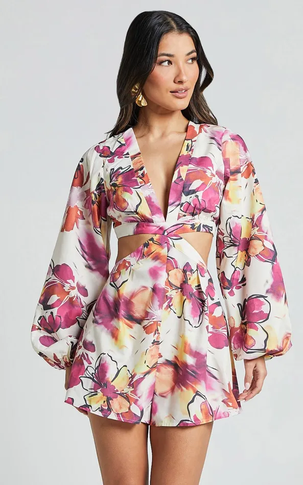 Showpo Gwyneth Playsuit 8211 Long Sleeve Cut Out Playsuit In DAHLIA DUSK FLORAL Women Rompers