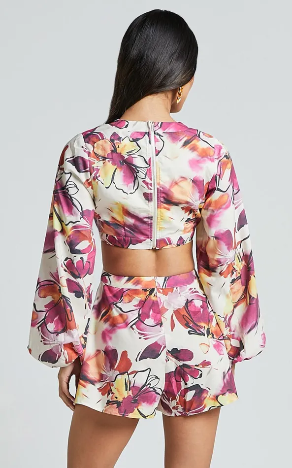 Showpo Gwyneth Playsuit 8211 Long Sleeve Cut Out Playsuit In DAHLIA DUSK FLORAL Women Rompers