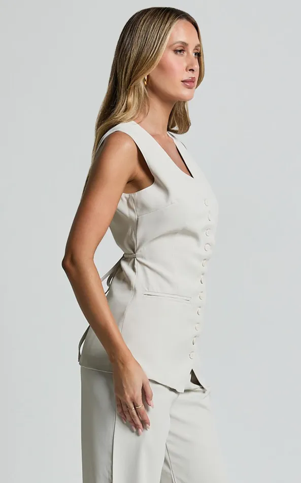 Showpo Gwyneth Vest 8211 Button Up Longline Waistcoat In Stone Women Tops