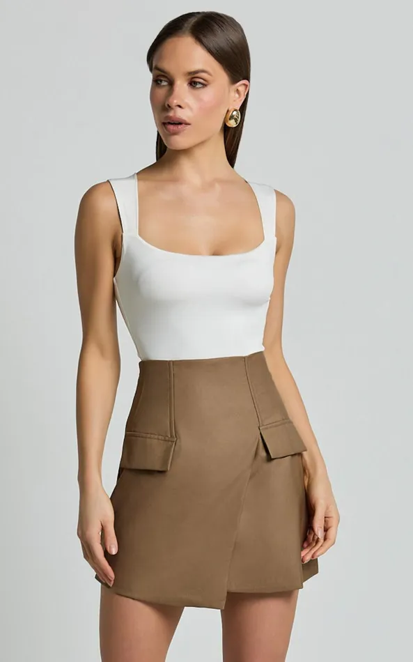 Showpo Haidy Mini Skirt 8211 Faux Pockets Wrap Skirt In Taupe Women Skirts