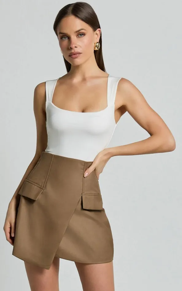 Showpo Haidy Mini Skirt 8211 Faux Pockets Wrap Skirt In Taupe Women Skirts