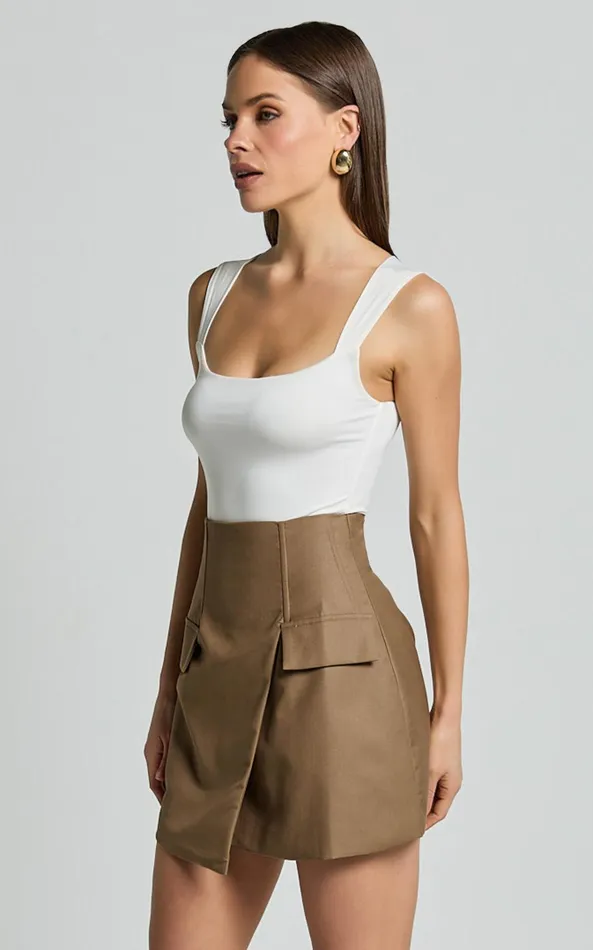 Showpo Haidy Mini Skirt 8211 Faux Pockets Wrap Skirt In Taupe Women Skirts