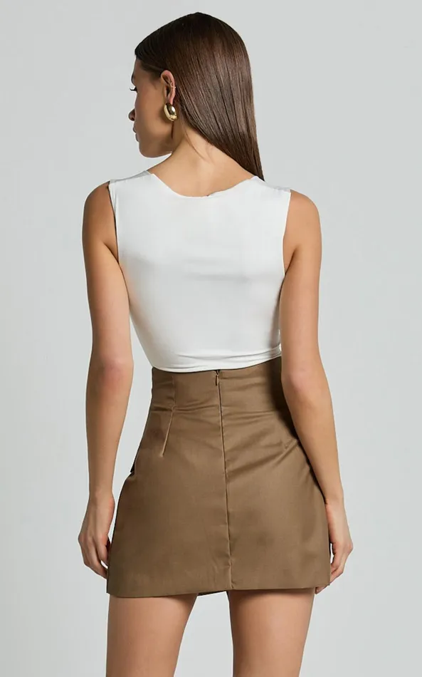 Showpo Haidy Mini Skirt 8211 Faux Pockets Wrap Skirt In Taupe Women Skirts